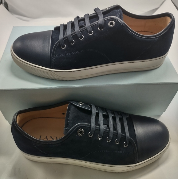 Lanvin Mens Sneakers DBB1 Navy Suede & Leather Cap Toe Low Top - Size 12 - Picture 2 of 14